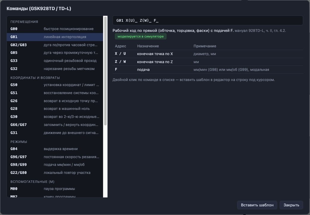 Справочник команд GSK928TD/TD-L: список G- и M-команд по группам, карточка G01 с синтаксисом, таблицей адресов, ссылкой на главу мануала и отметкой «моделируется в симуляторе».